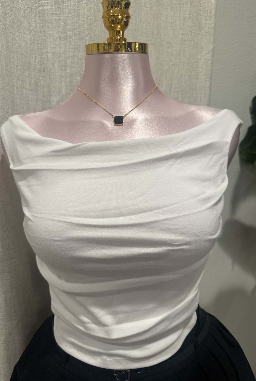 Active Basic White Ruched Sleeveless Boat Neck Stretch Knit Top Cotton S Women