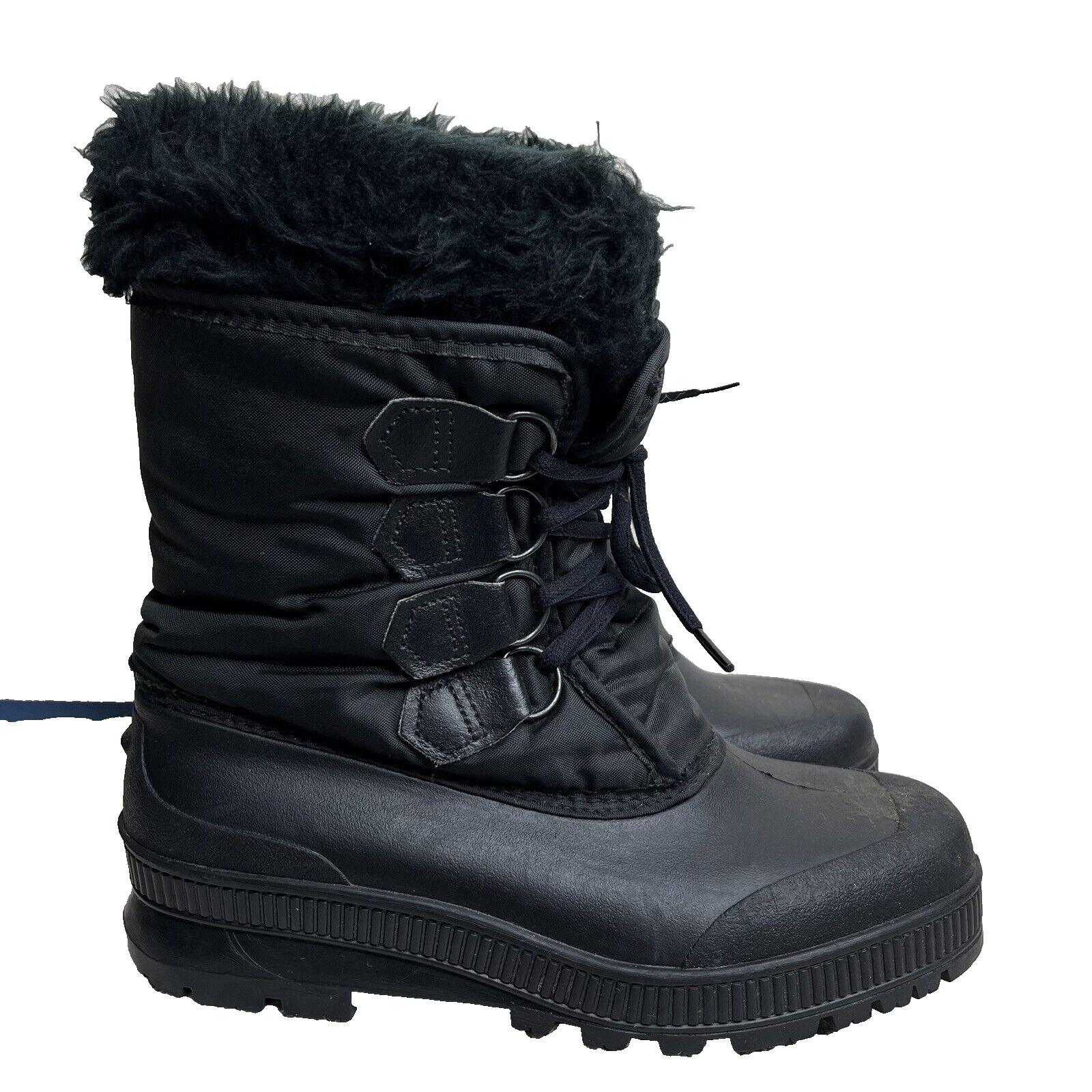 Sorel Kaufman Black Nylon Rubber Snow Duck Boots Faux Fur Lined Women Size 7