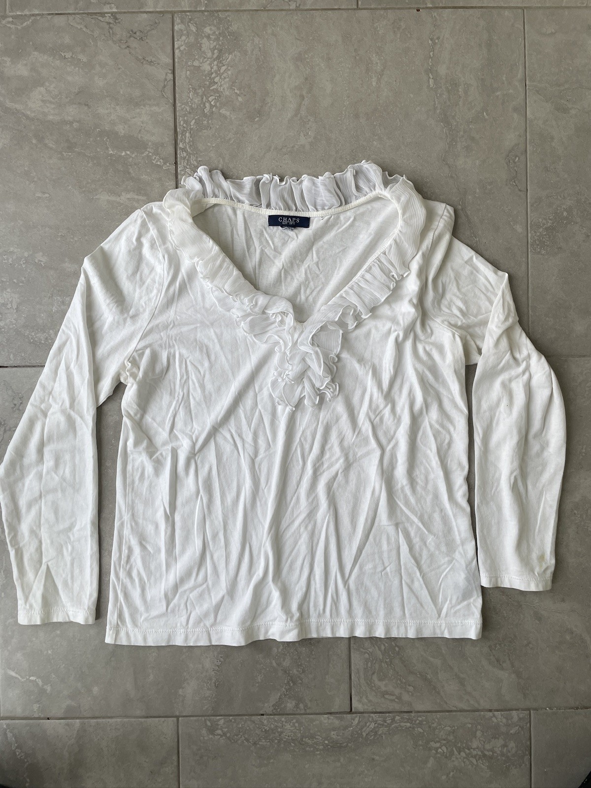 CHAPS Women Ruffle V Neck Long Sleeve Top White Cotton Knit Blouse Romantic Y2K