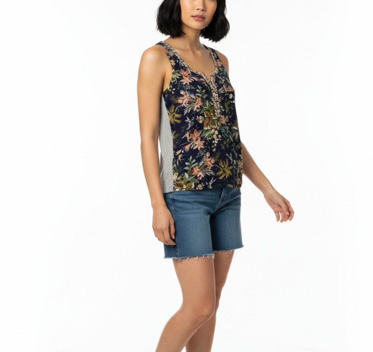 Anthropologie TINY Floral Zuma Tank Top Women Medium Blue Gray Mixed Media