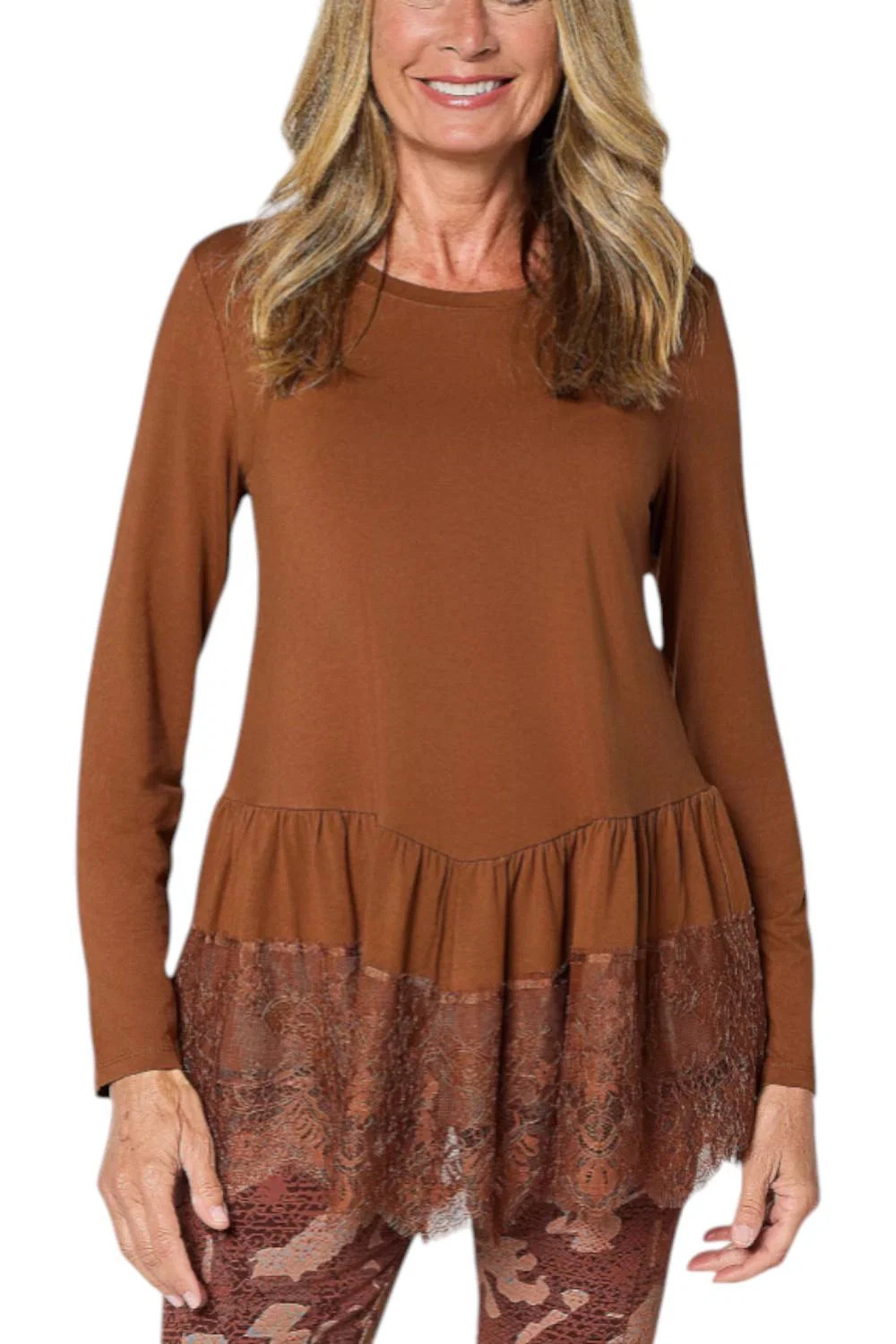 LOGO by Lori Goldstein Women’s Rayon 230 Lace Trim Top Cognac
