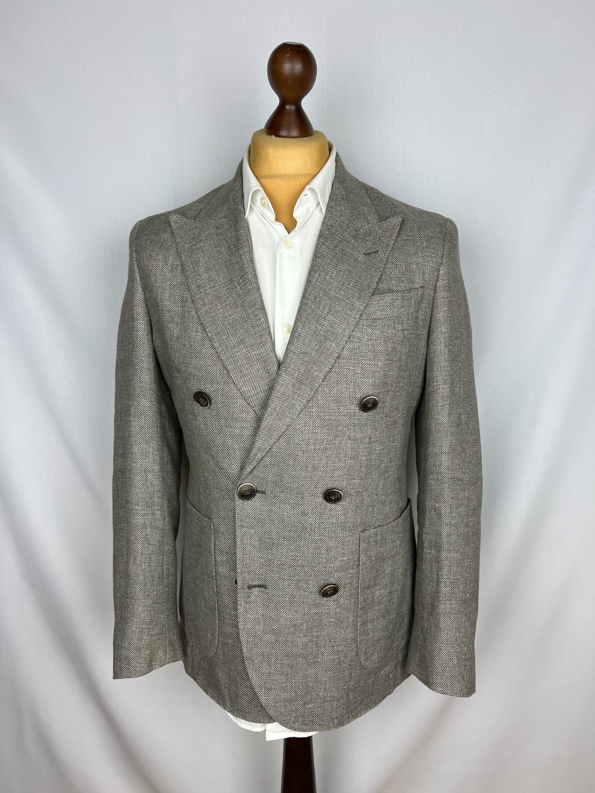 HACKETT Mayfair Solid Gray-Beige Double-Breasted LinenWool Sport Coat 38US48IT