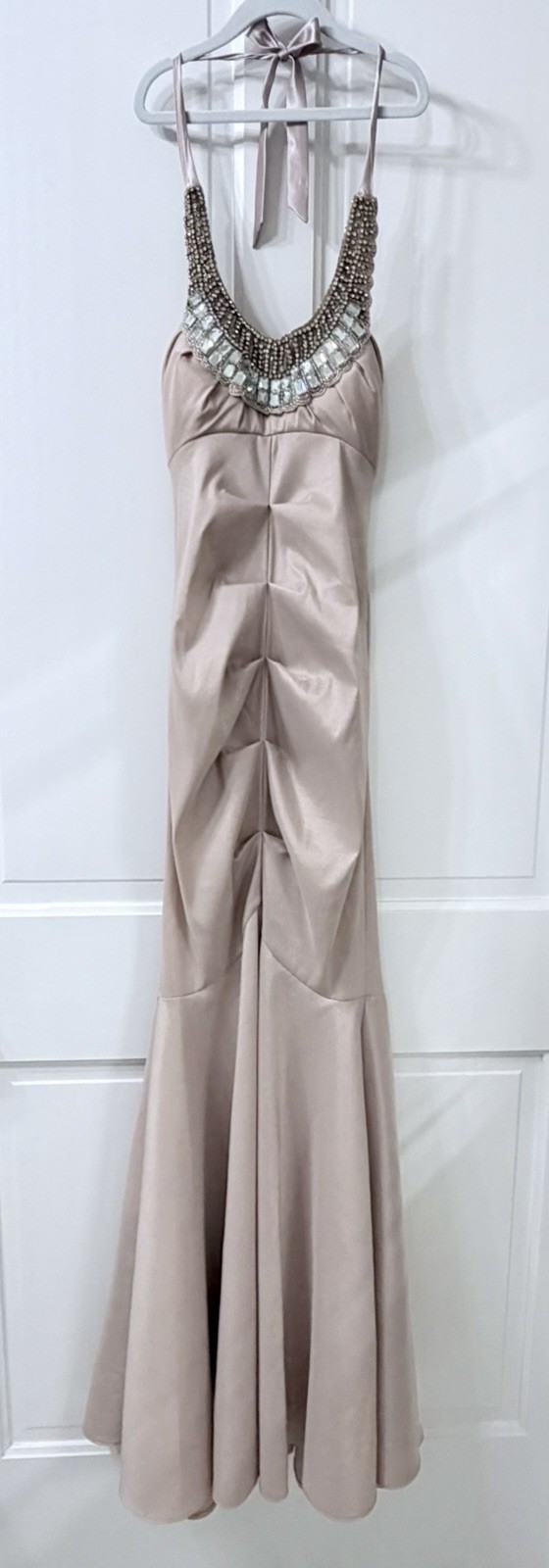 Champagne Halter Mermaid Prom Evening Gown Beaded Neckline Ruched Bodice 5/6