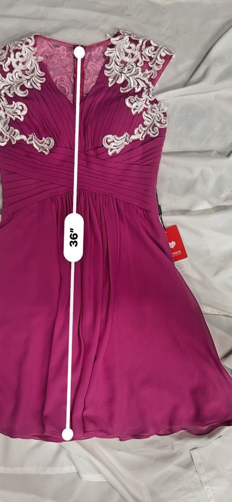 NWT JJ’s House Fuchsia Pink V-Neck Chiffon Cocktail Dress with Lace Appliques