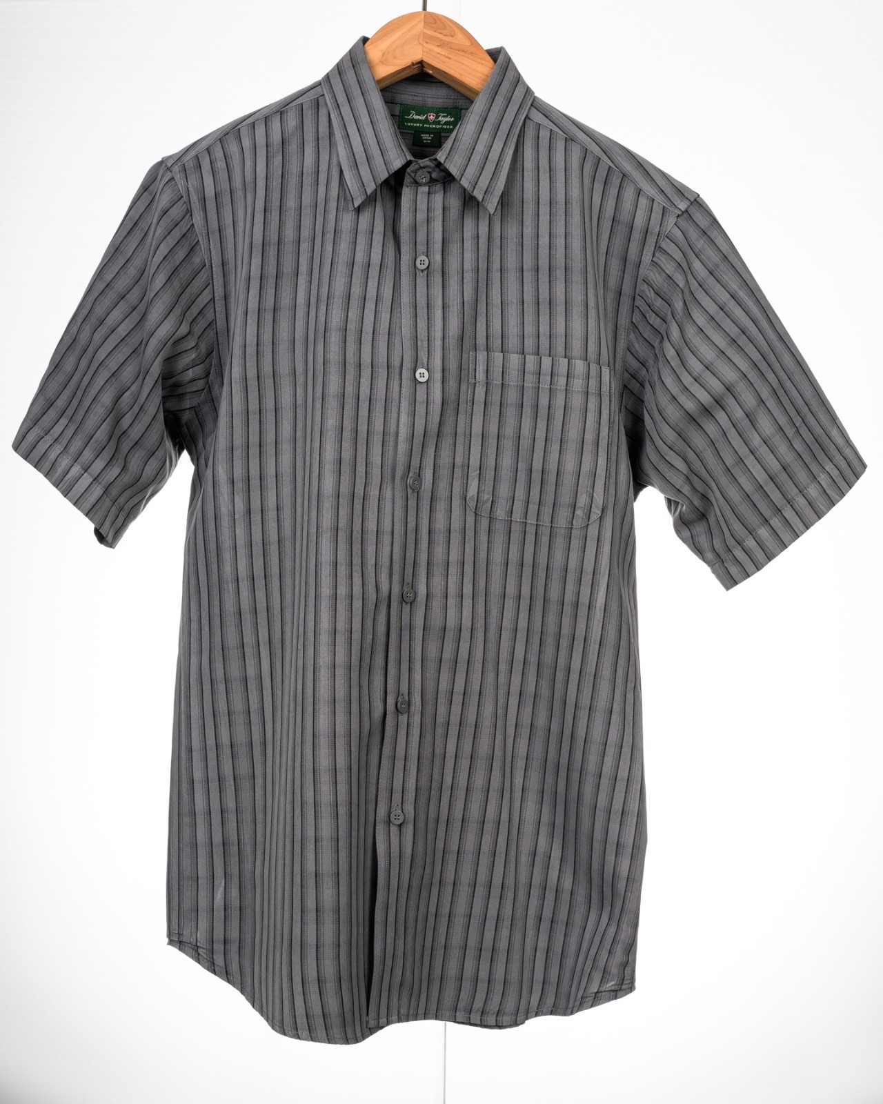 David Taylor Men’s Medium Gray Black Striped Short Sleeve Button Down Shirt M EU