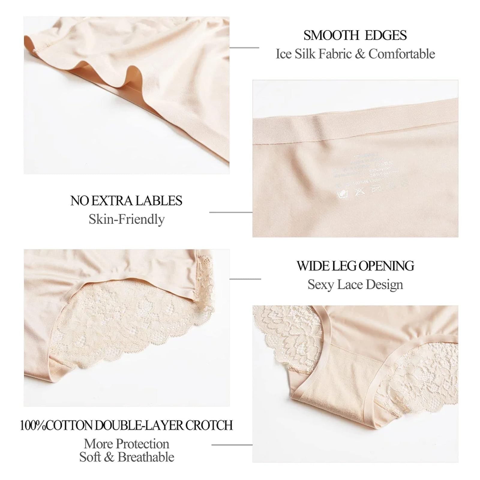 6 Pack Women’s Mid-Rise Ice Silk Briefs Lace Trim Underwear Daily Wear