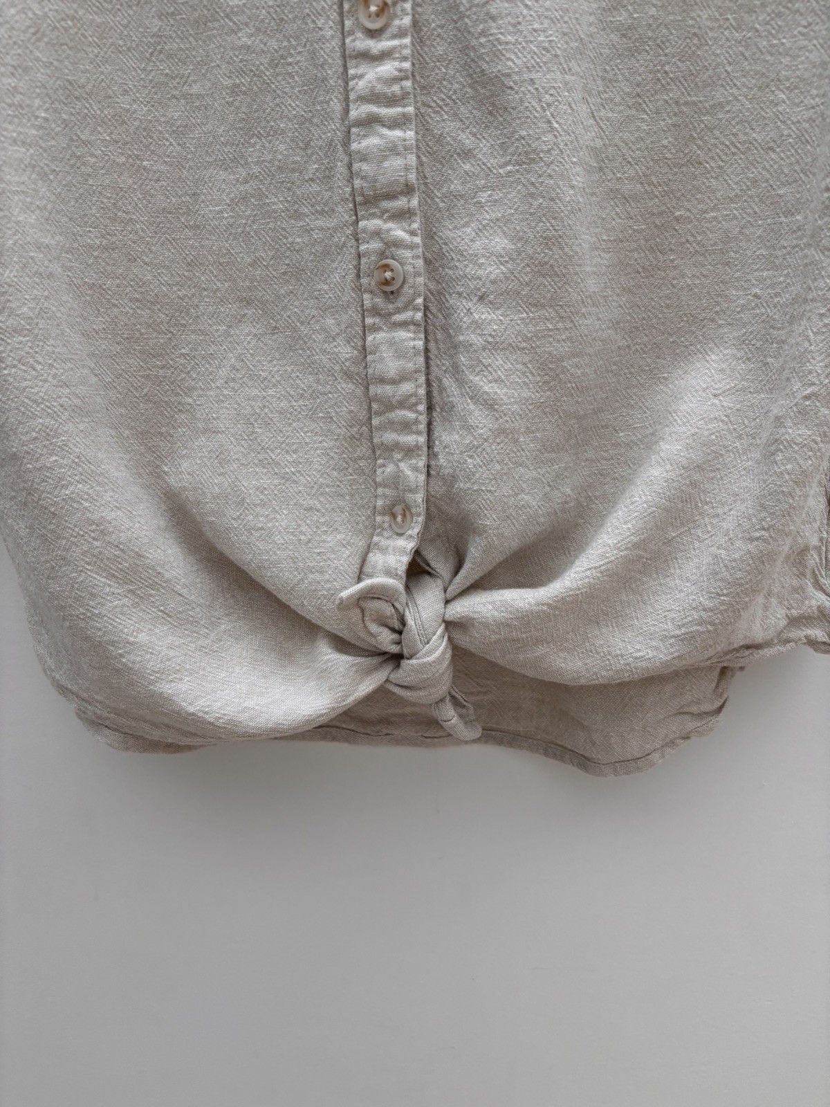 Falls Creek Button Down Shirt Women’s Top Ivory Beige Linen Blend Front Tie Sz S
