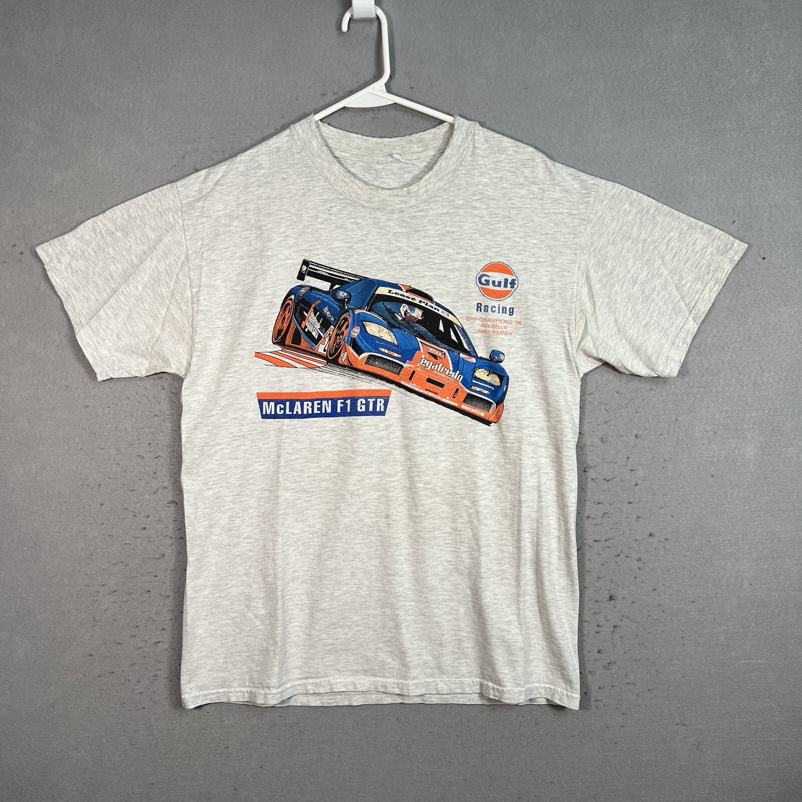 Vintage 90s McLaren F1 GTR Gulf Racing Car T Shirt Adult Large Gray Mens
