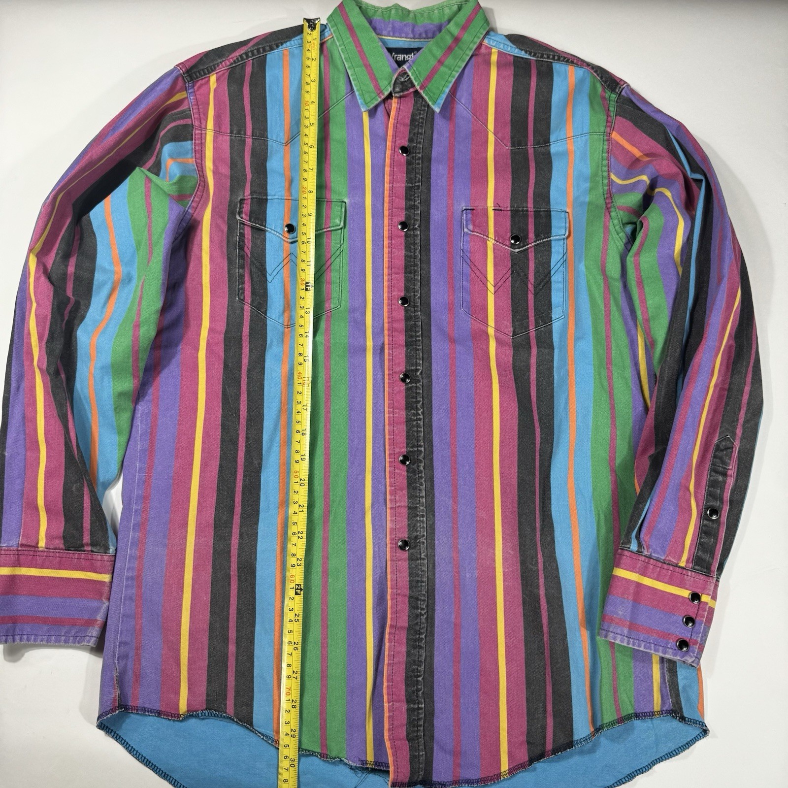 Vintage Wrangler Brushpopper Shirt 16 1/2 X 35 Rainbow Striped Western