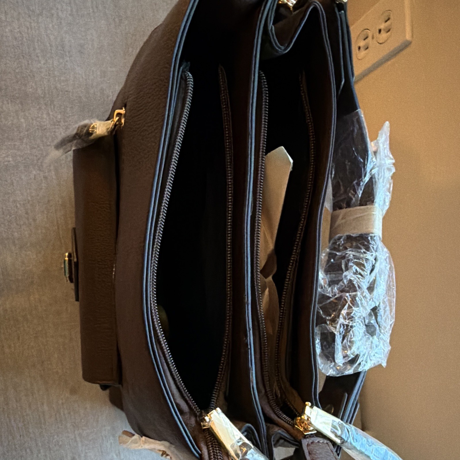 MKF Brown Medium Satchel Zip Top Handle, Detachable Strap, Charm & Dust Bag.