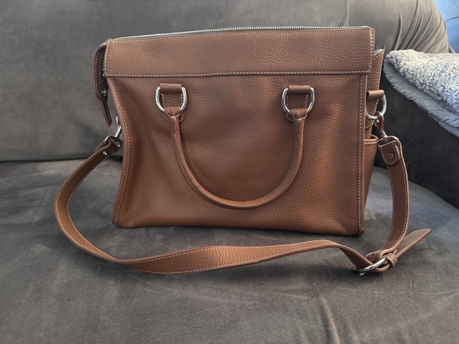 Dooney & Bourke Pebbled Leather Double Pocket Tote Satchel Brown Shoulder Bag