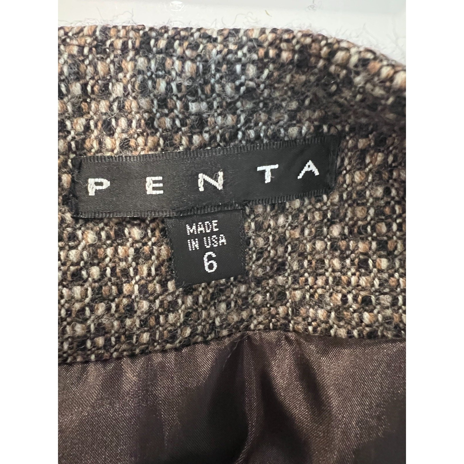 PENTA 100% Wool Tweed Jacket Women’s 6 Genuine Leather Trim Open Front Blazer