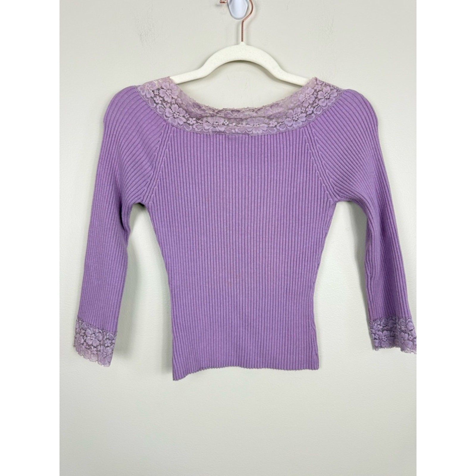 Coppy Key Lace Off the Shoulder Top Medium Y2K Lilac Ribbed Lace-Trim Knit