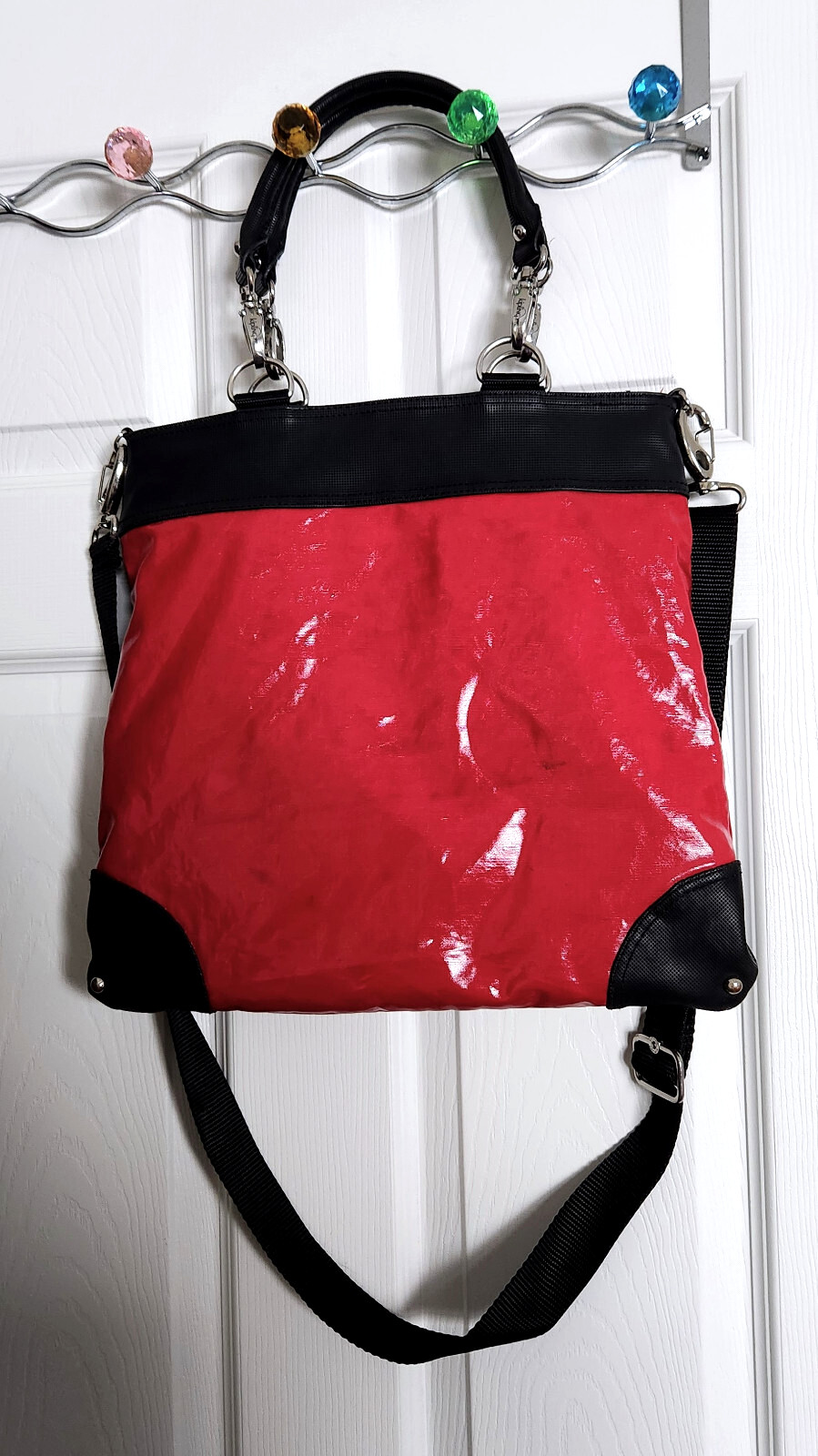 Kipling Fergie Glossy Convertible Crossbody Bag Tote Red and Black, Front Pouch