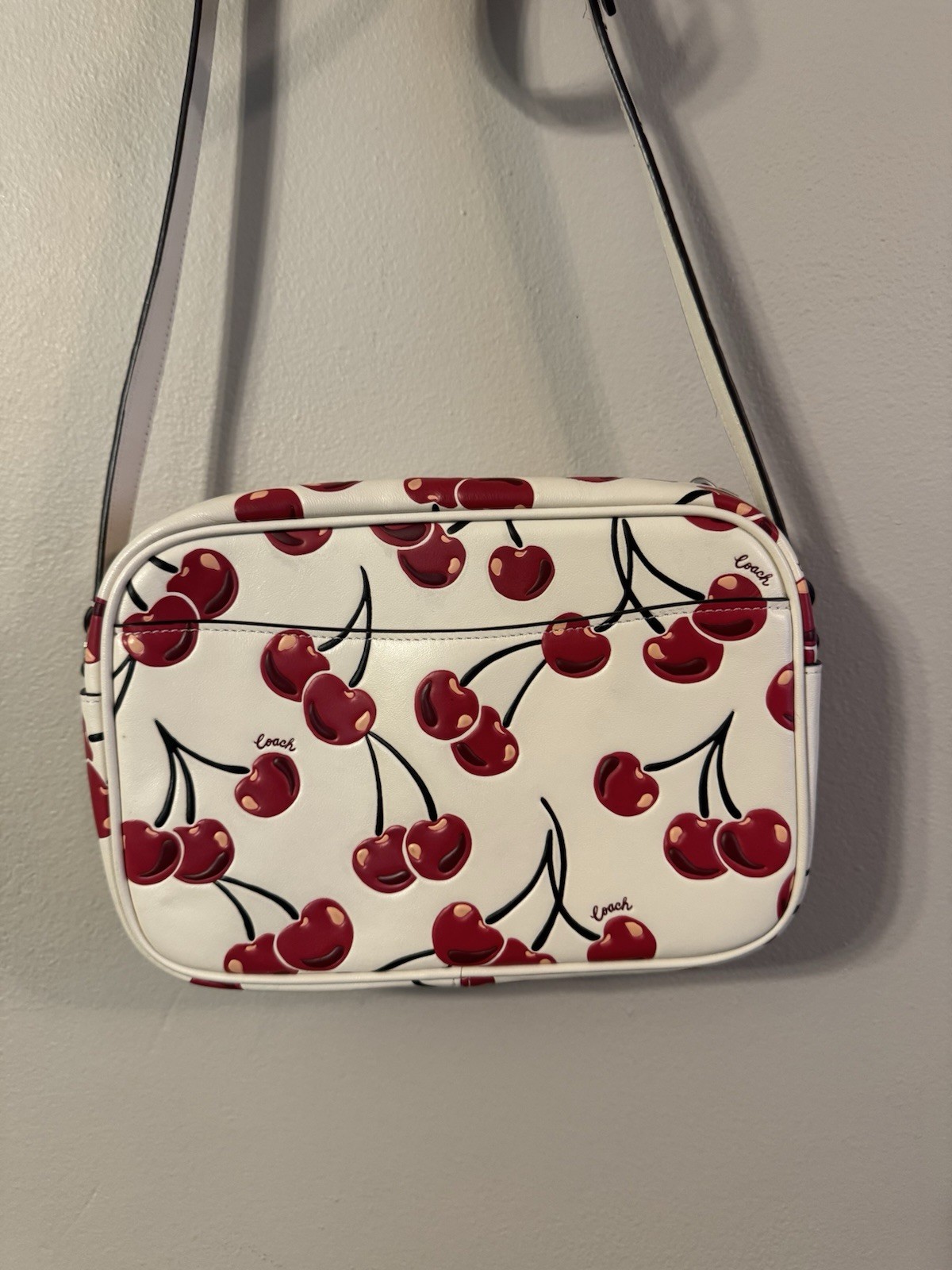 Coach White Cherry Print Crossbody Bag Zip Closure Silver Hardware Strap