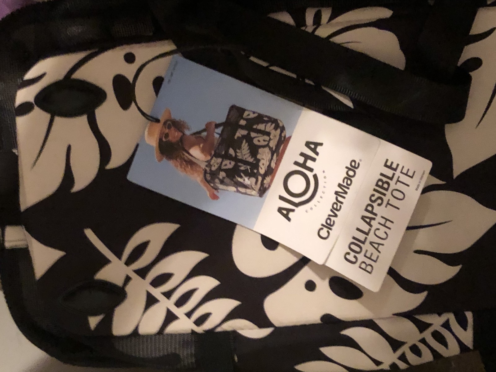 Aloha Clevermade Collapsible Beach Tote Black/White Floral, New