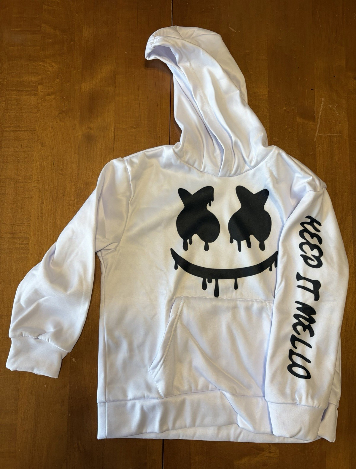 White Pullover Hoodie Kids S Hooded Pockets Graphic Face “MELLO” Sleeve