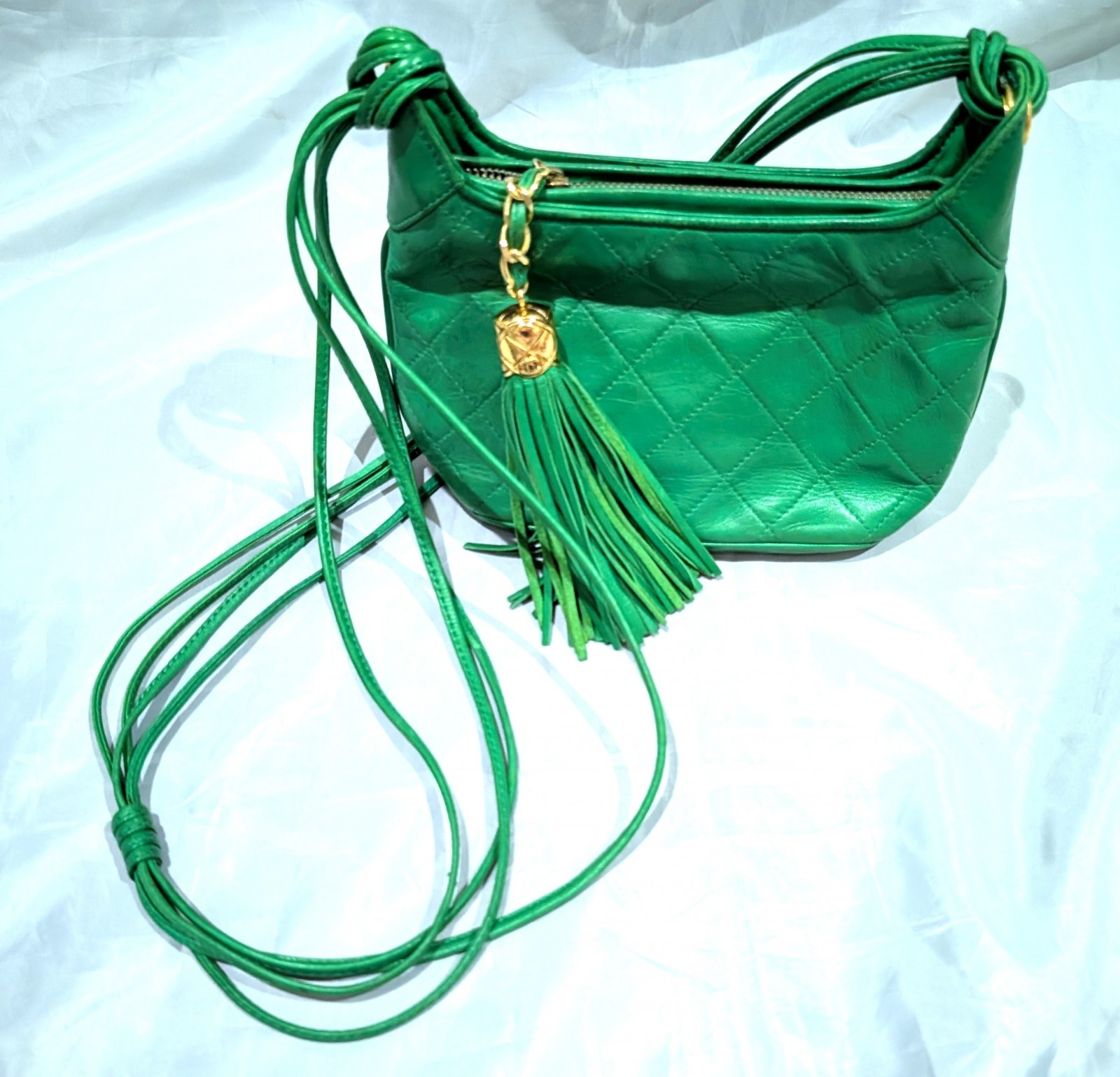 CHANEL CC Logo Fringe Charm Mini Shoulder Bag Lamb Leather Green VTG JPN