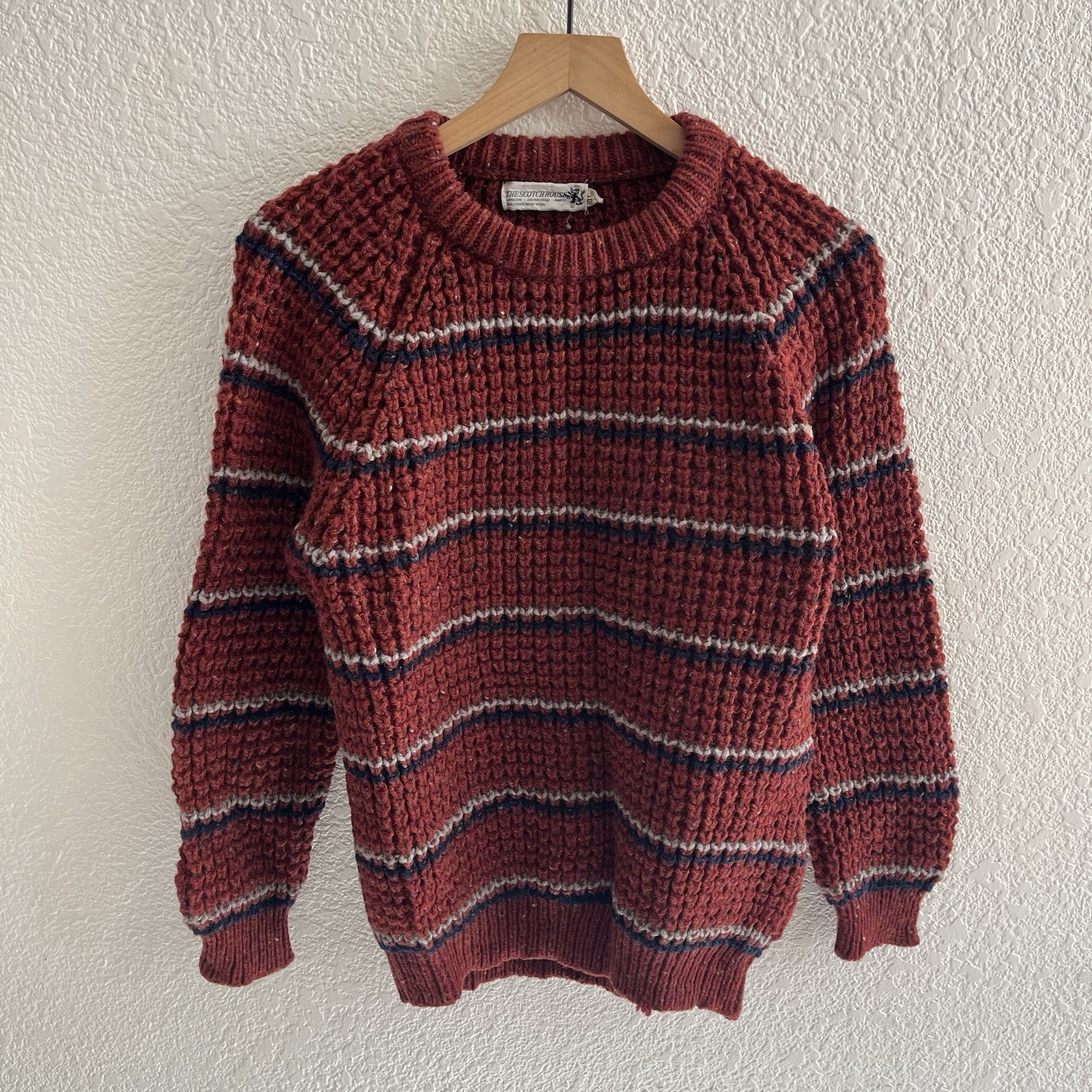 Vintage Scotch House 100% Wool Chunky Striped Knit Sweater 107cm Red Orange