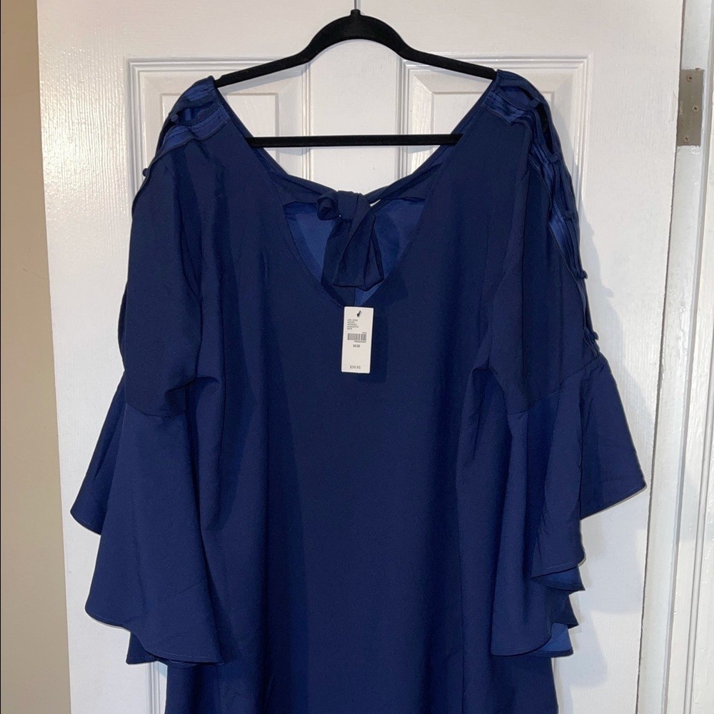 Roaman’s Navy Blue Bell Sleeve Blouse Tie Back Tunic Plus Size 18/20 NWT