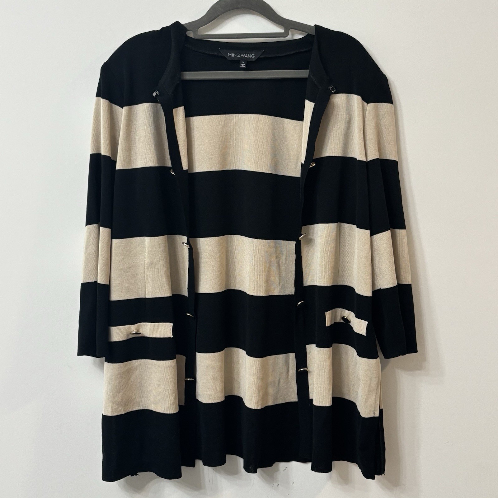 Ming Wang Womens L Jacket Knit Cardigan Tunic Length Open Front Buttons Striped