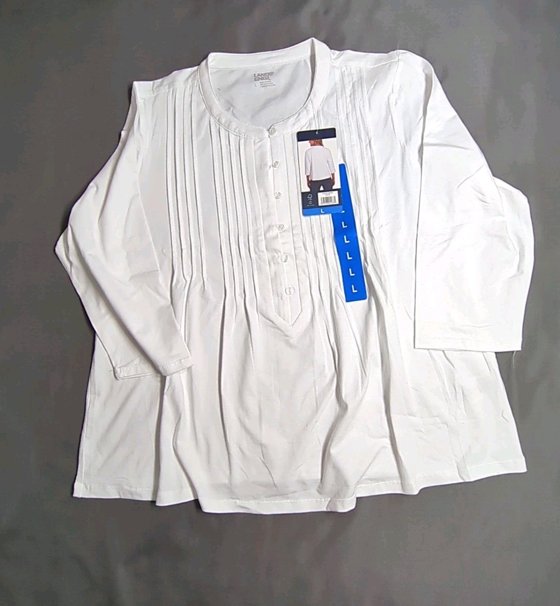 Lands’ End Ladies’ 3/4 Sleeve Button Front Pintuck Top Size Large White