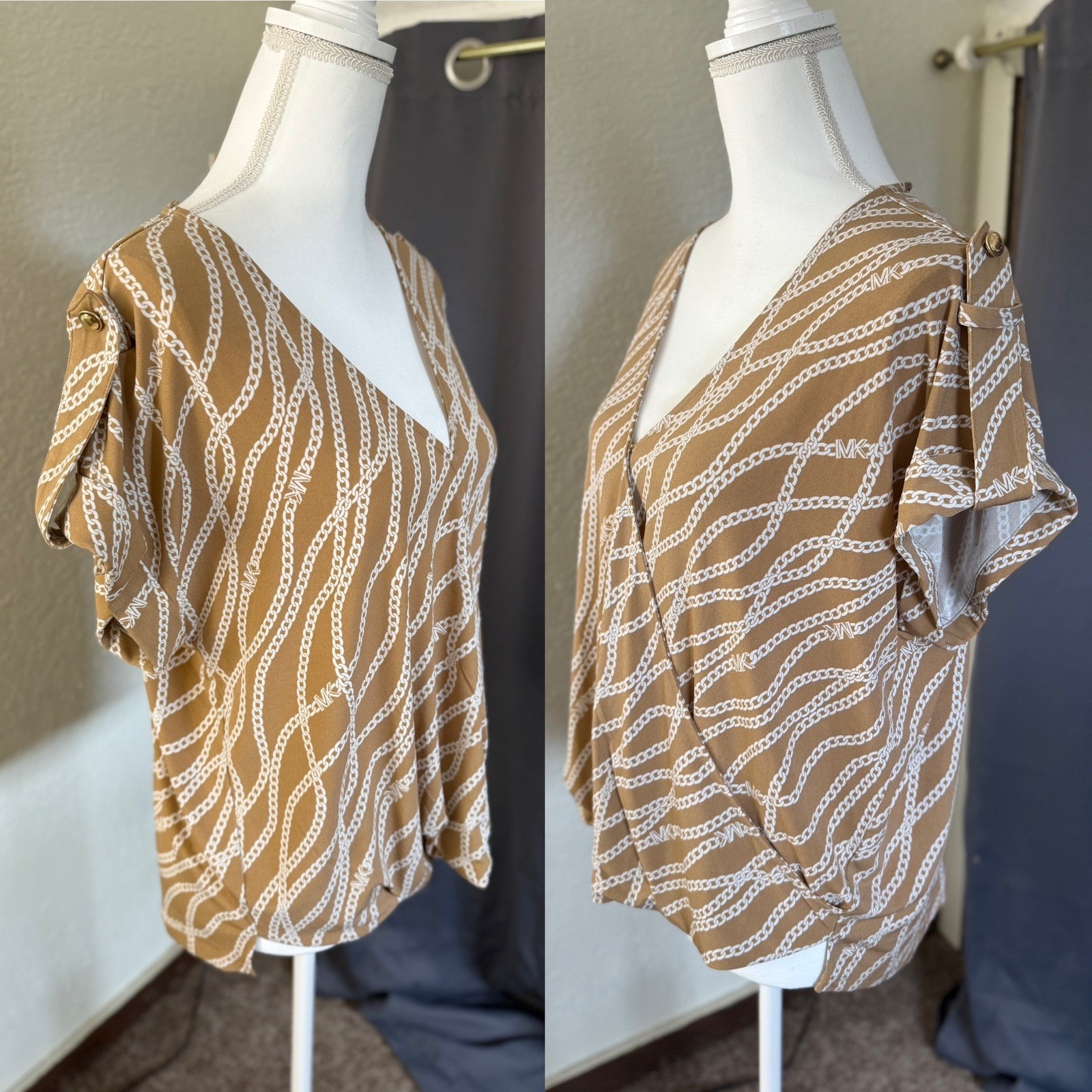Michael Kors Women Medium Tan Chain Link MK Logo Faux Wrap V-Neck Blouse Top