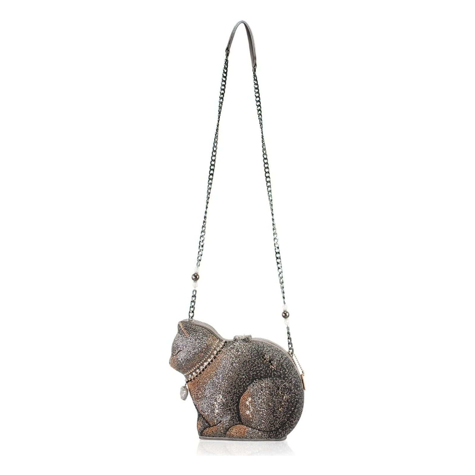 Mary Frances Couture Cat Crossbody Beaded Handbag Kitty Bag Silver Gold Purse NW