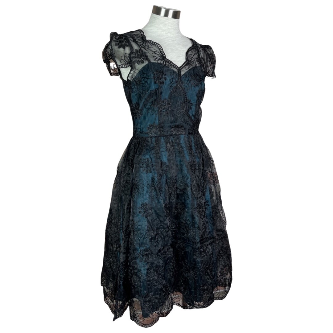 VOODOO VIXEN RETRO PIN UP 50s MAY TEAL LACE OVERLAY TAFFETA BLUE DRESS DRA8085