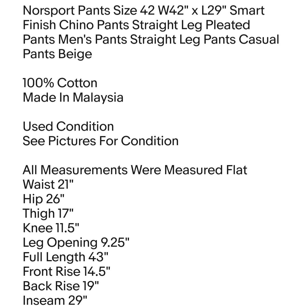 Norsport Pants Size 42 W42″ x L29″ Smart Finish Chino Pants Straight Leg Pleated