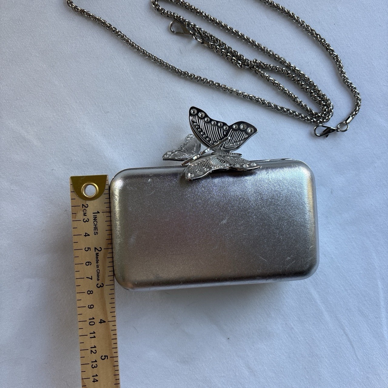 Karen Millen Silver Metallic Clutch Butterfly Clasp Chain Strap