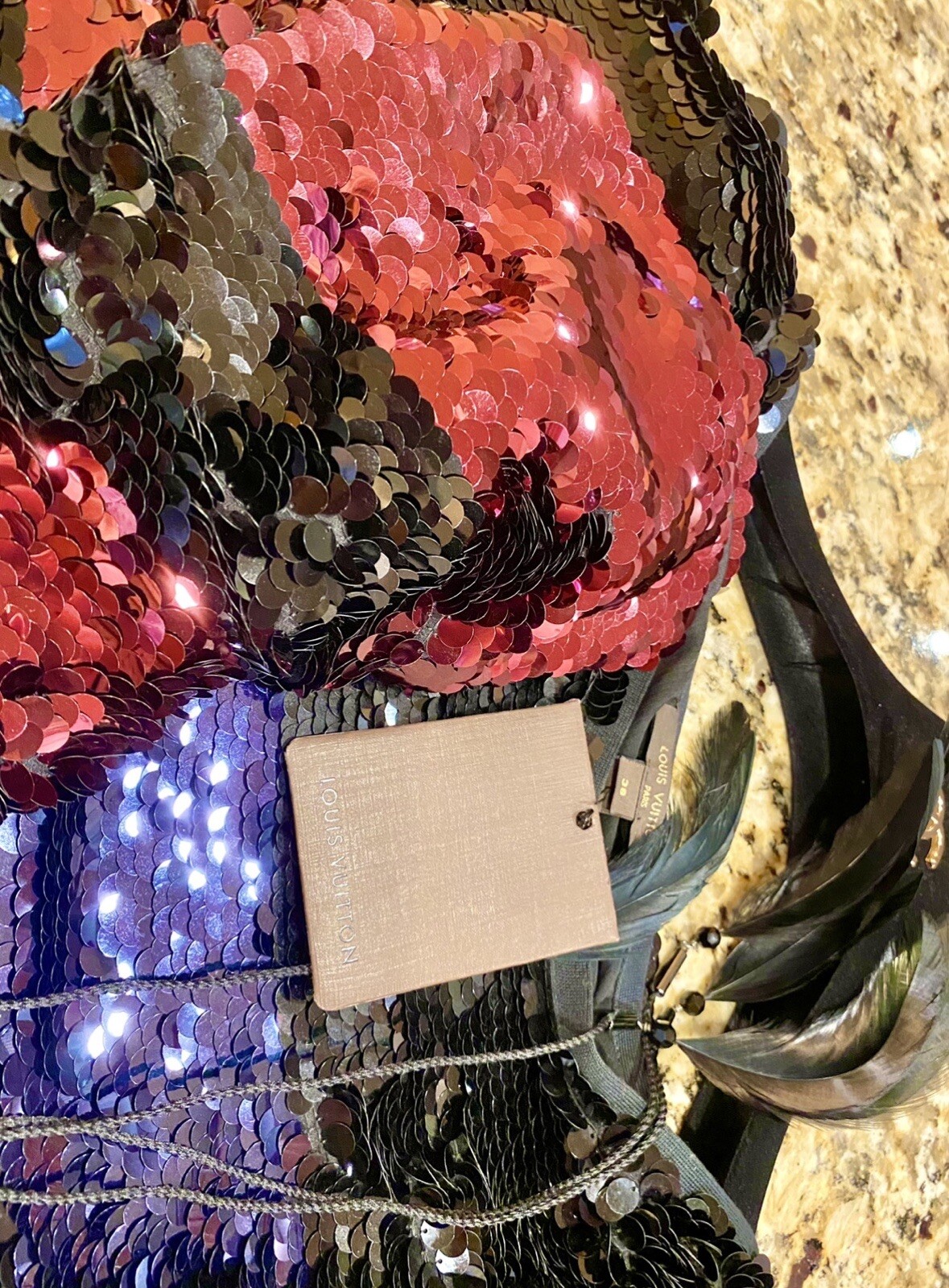 11K Louis Vuitton Red Sequin Stripe Party Dress Feather Belt Set 36 38 4 6 S M