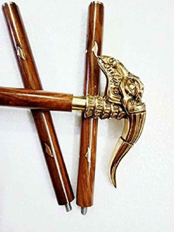 Nautical Antique Dragon Designer Handle Brass Inlay Brown Wooden Walking Stick