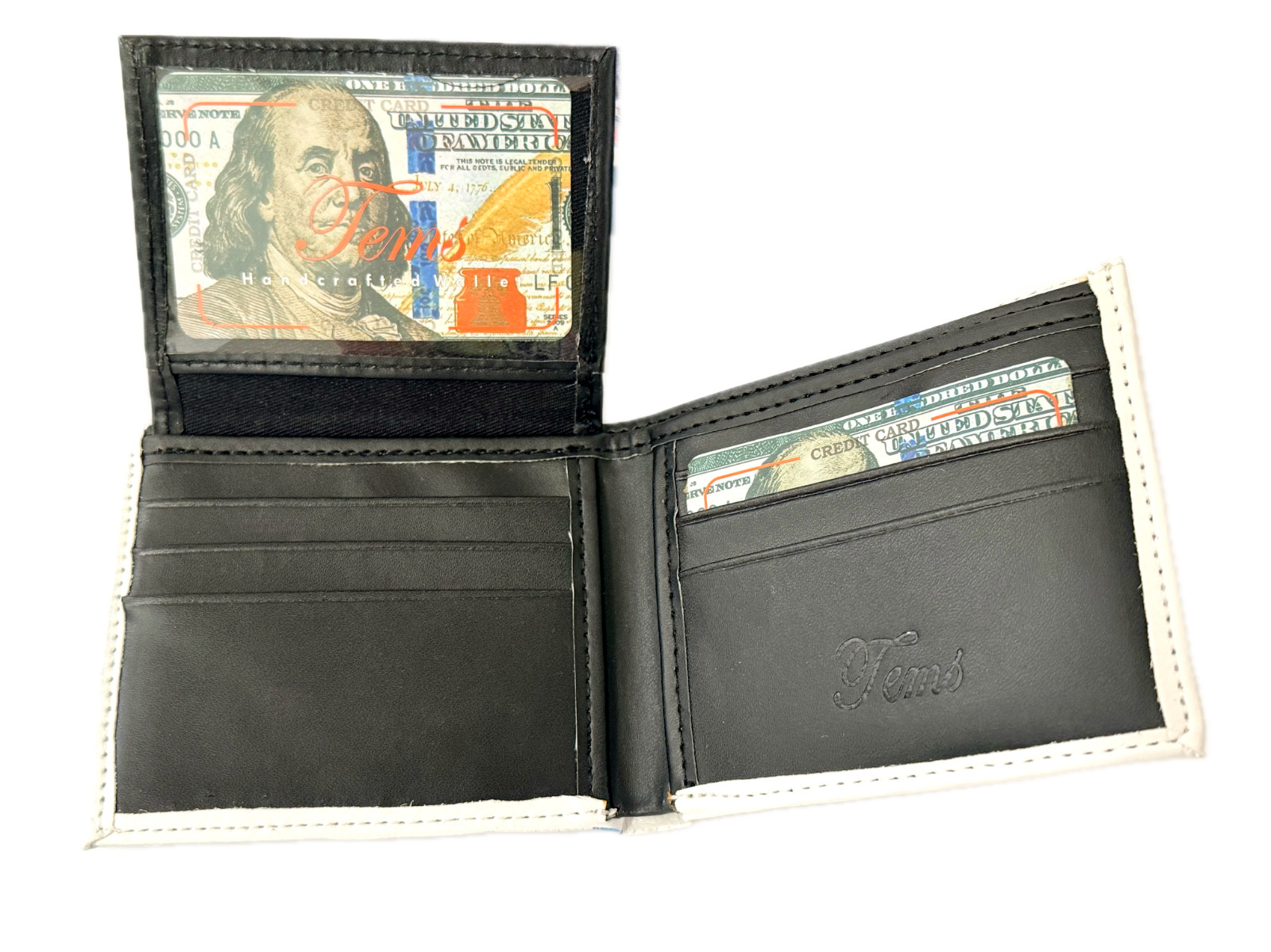 Tems Men’s Wallet $100 Dollar Bill Vegan Leather Bifold Flip ID WLT-107