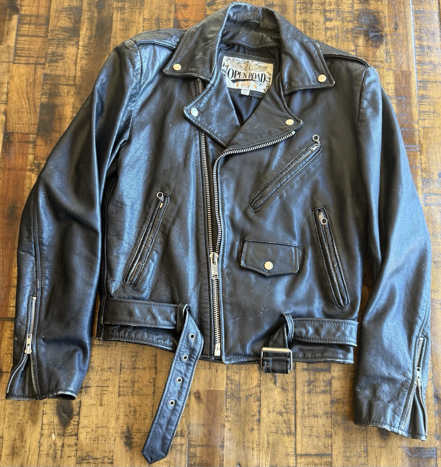 Vintage Open Road Men’s Small Black Genuine Leather Motorcycle Biker Moto Jacket