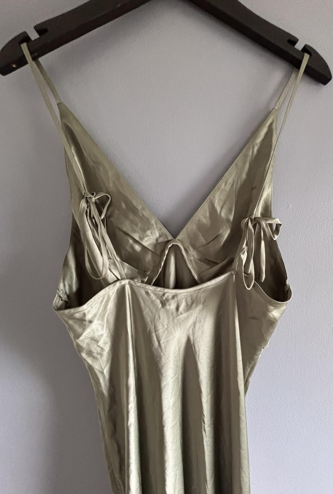 Reformation Madrigal Artichoke Green Satin Maxi Slip Dress Tie Strap Size M New