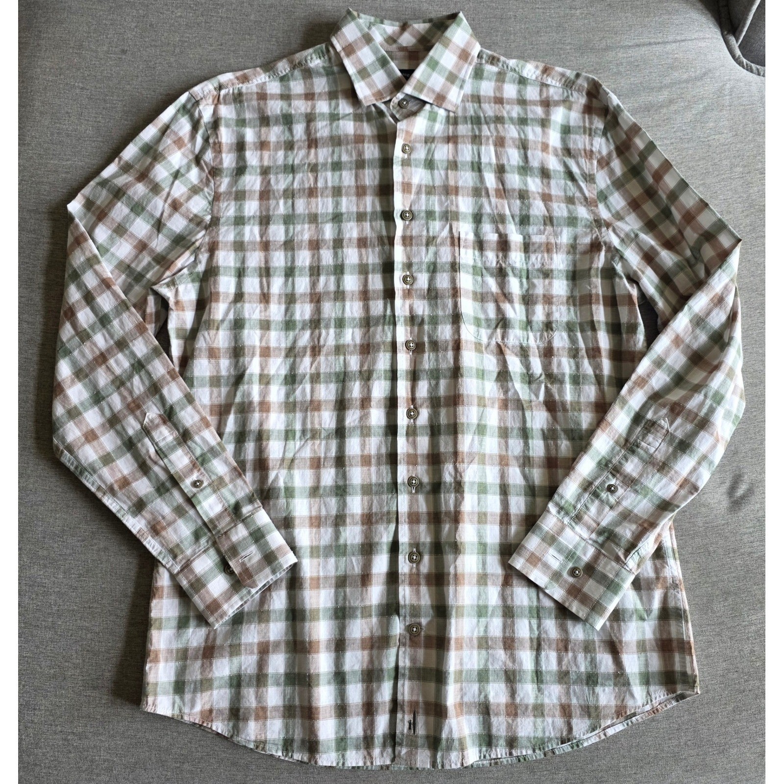 Johnnie-O Top Shelf Mens Medium Green Tan Plaid Long Sleeve Button Down Shirt
