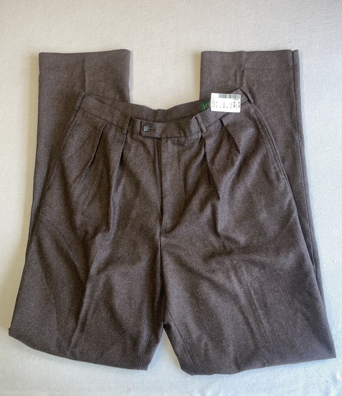 NEW VTG J Crew Pants 32 UNHEMMED Oarsman Double Pleat Herringbone WOOL CASHMERE