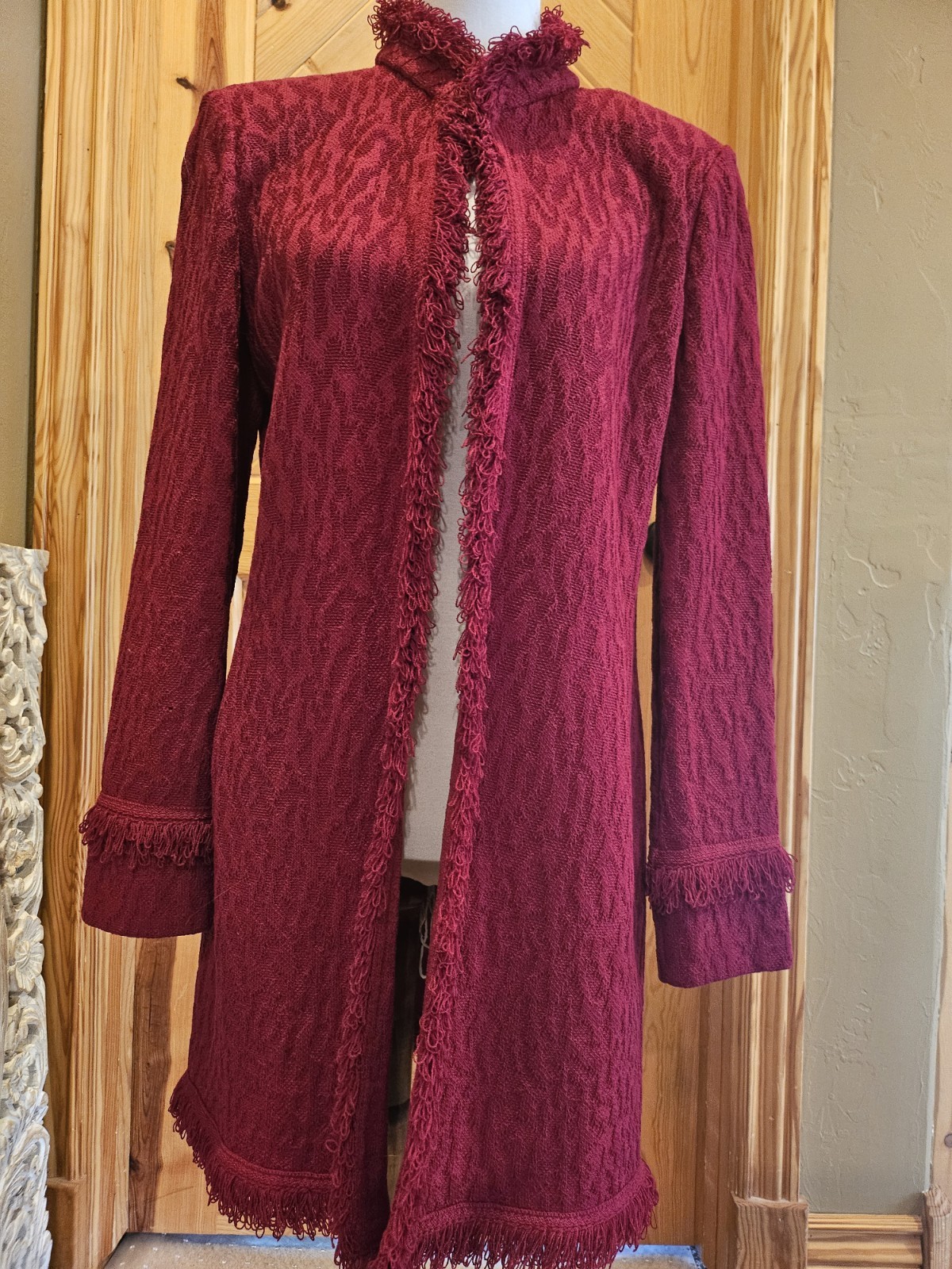 BEAUTIFUL Deep Red St. John Fringe And Textured Animal Print Topper Jacket
