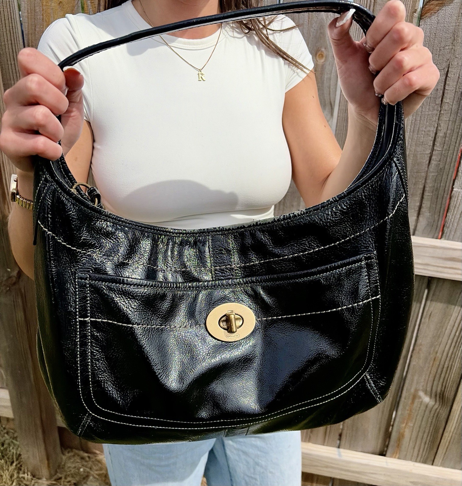 Coach Ergo Patent Leather Hobo Shoulder Bag Black Turnlock 11009 Vintage 2007