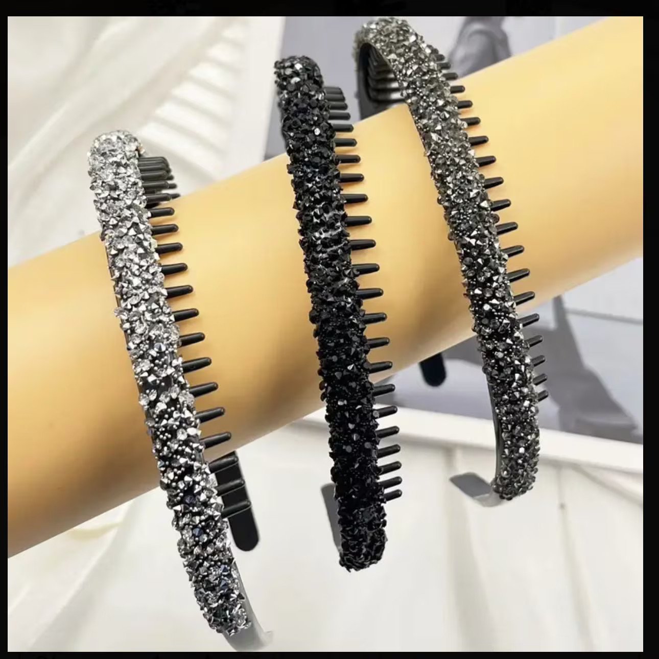 Bedazzled Crystal Encrusted Set 3 Headbands Black Grey White Diamond Hair Gift
