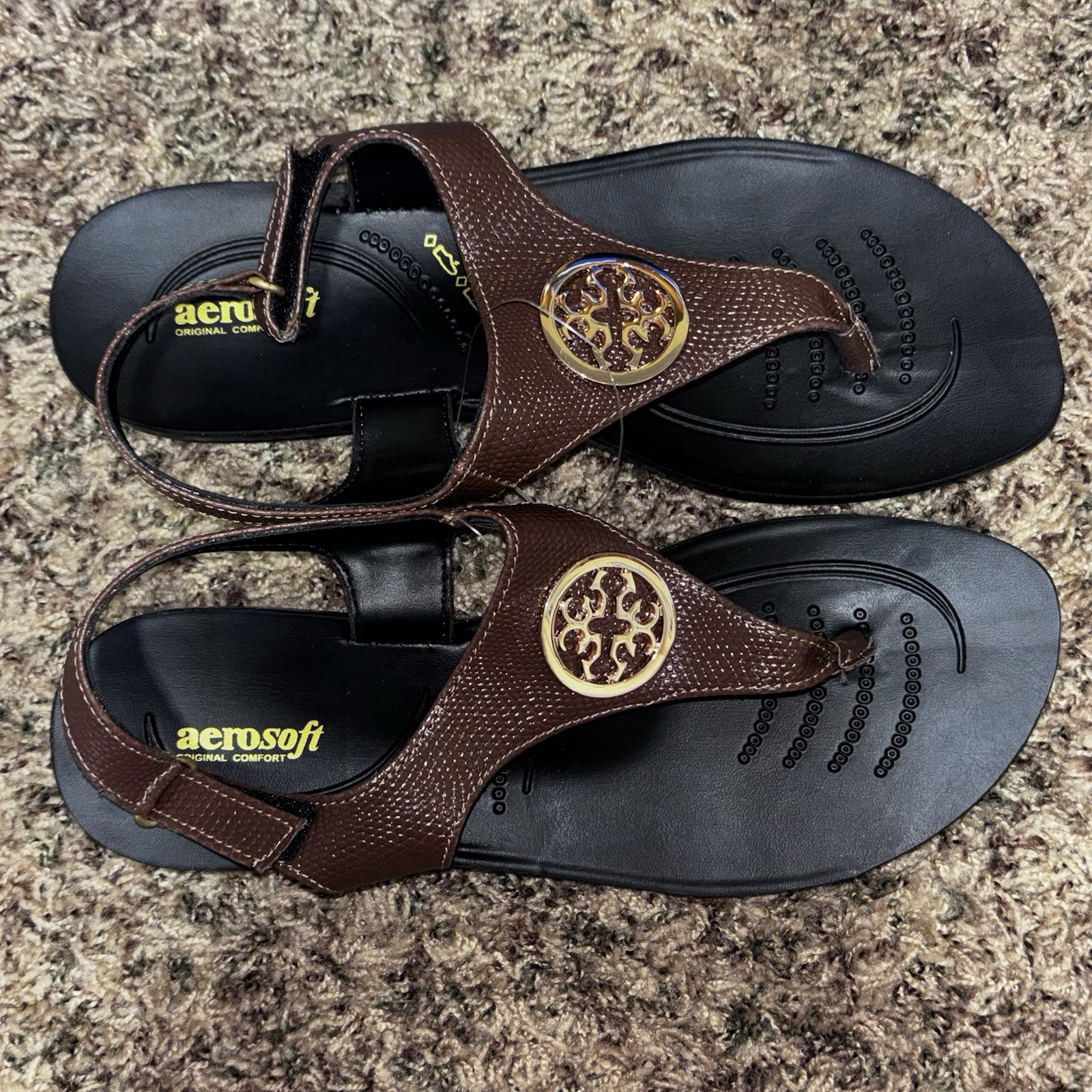 Aerosoft Women’s Thong Sandals Brown/Black/Gold Logo Slip On EU 40 US 9