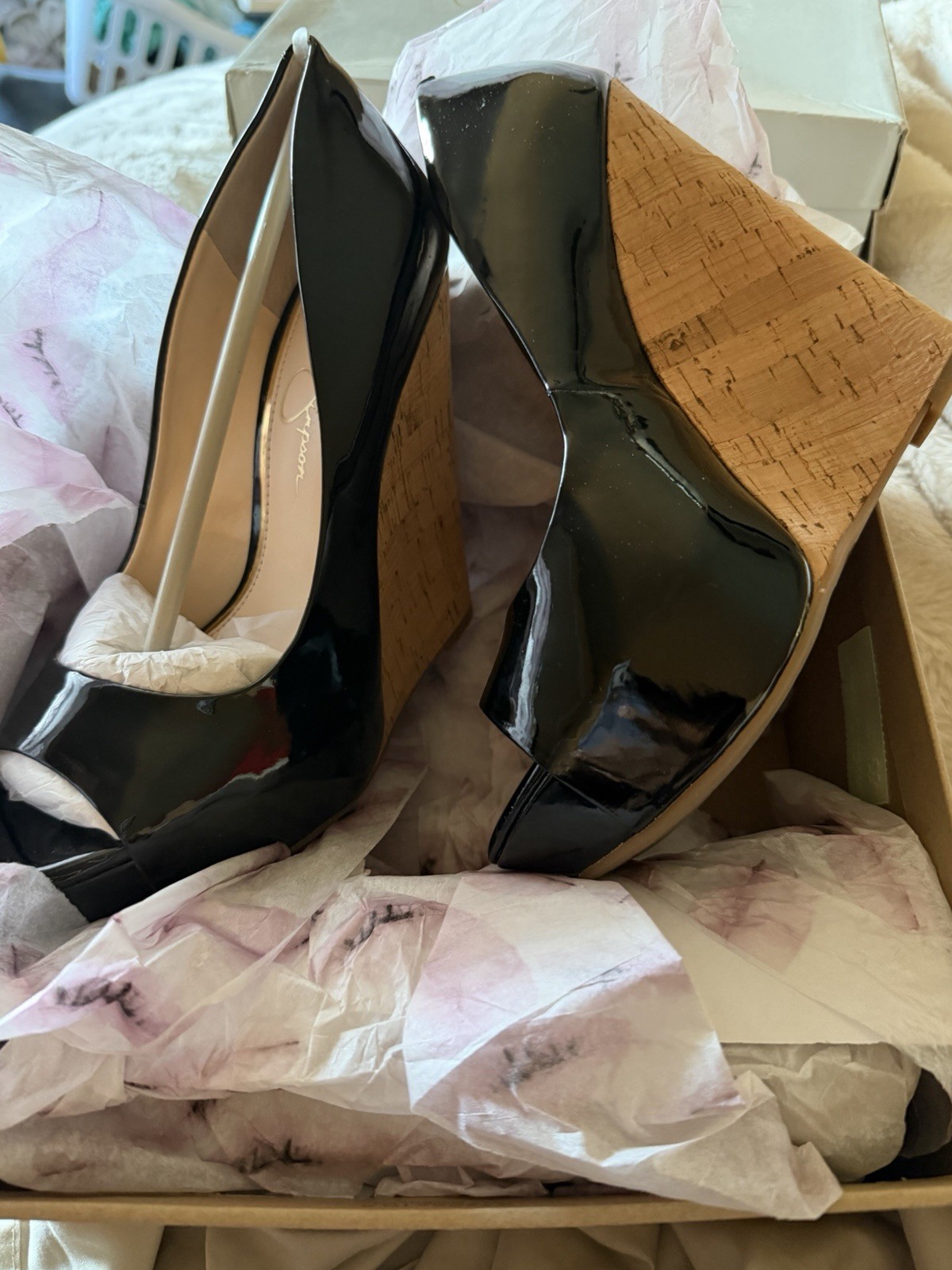 Jessica Simpson Black Patent Leather Wedge Platform Peep Toe Heel 8.5 Women New