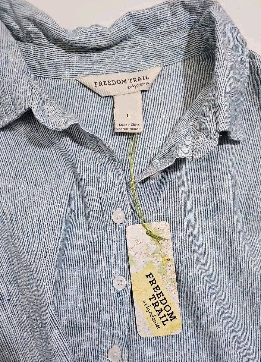 NWT Freedom Trail By Kyodan Large Shirt Dress Linen Blend Pinstripe Blue White