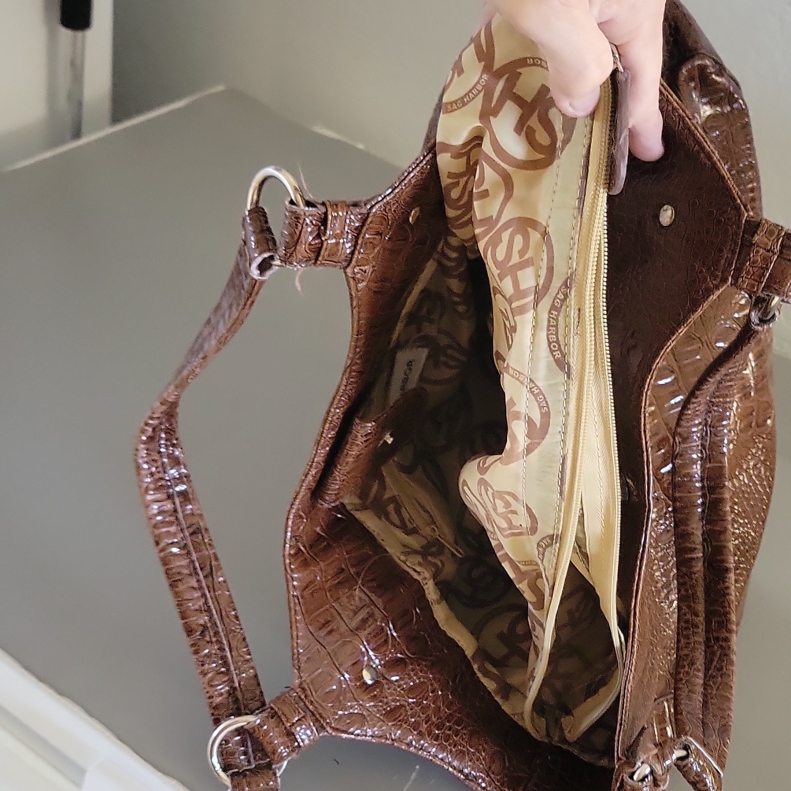 Sag Harbor Brown Croc Embossed Large Shoulder Bag, Snap Closure, Lined Pockets