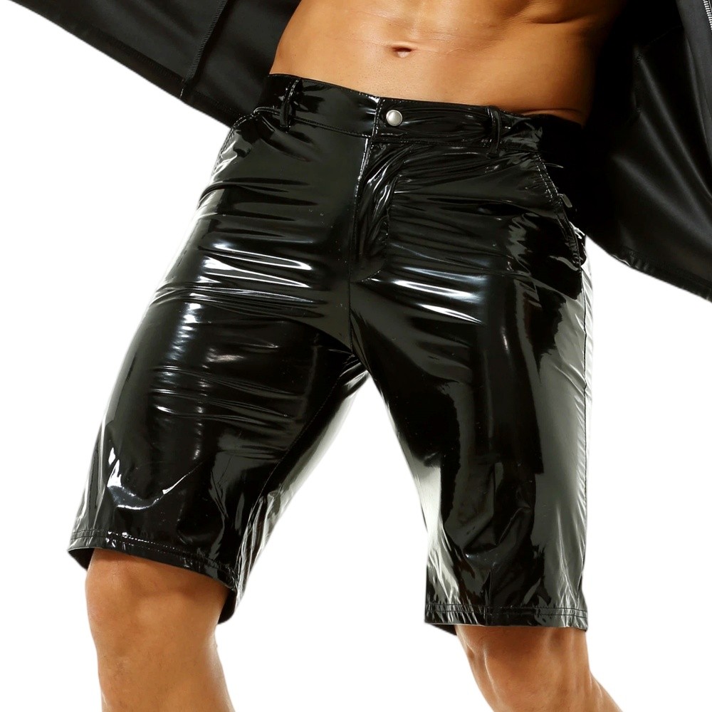 Men’s Wet Look Shiny PVC Leather Shorts Pockets Dance Club Casual Middle Pants