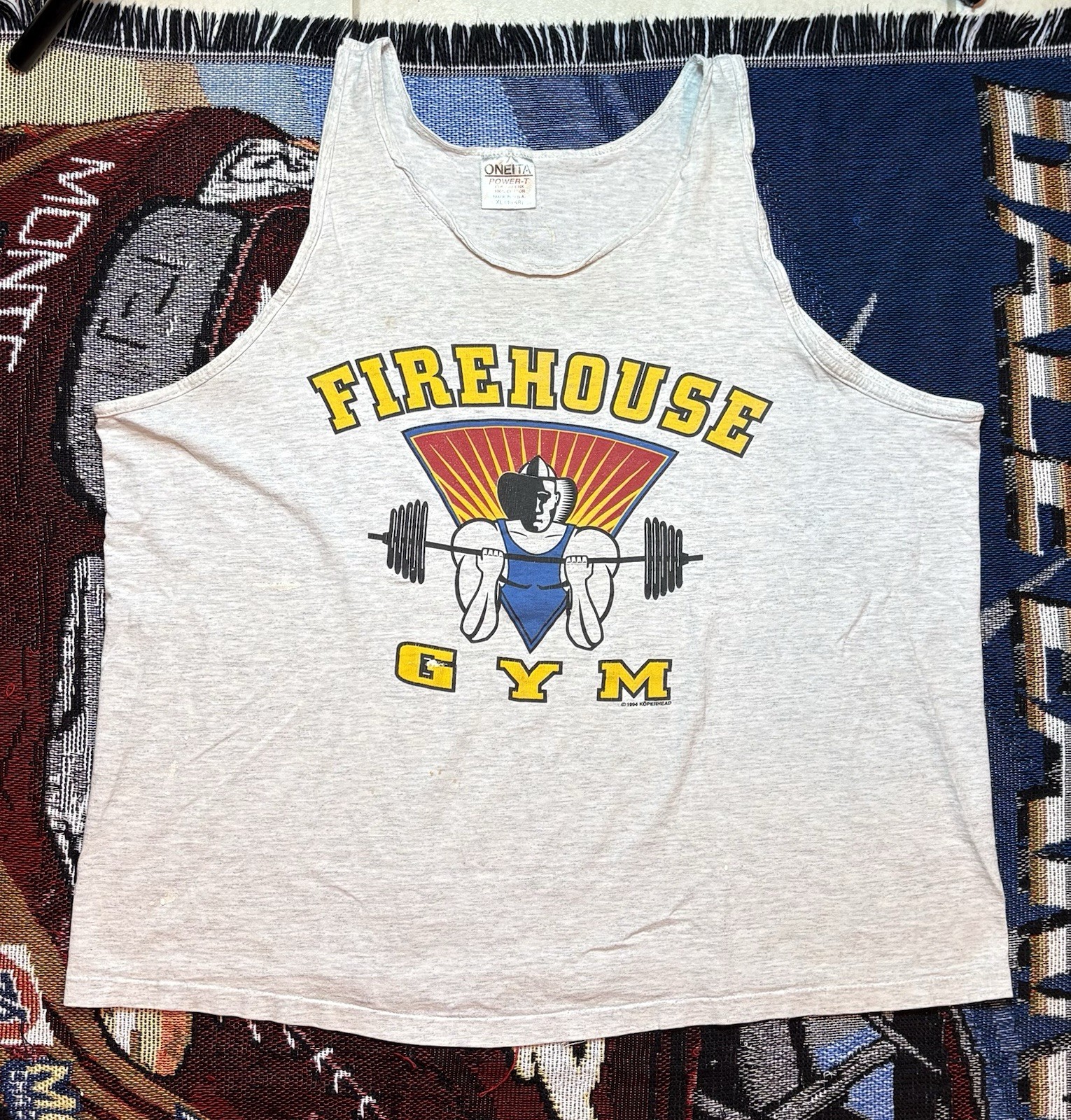 Vintage Firehouse Gym Shirt Tank Top Gray Distress Mens XL 90s Powerhouse Parody