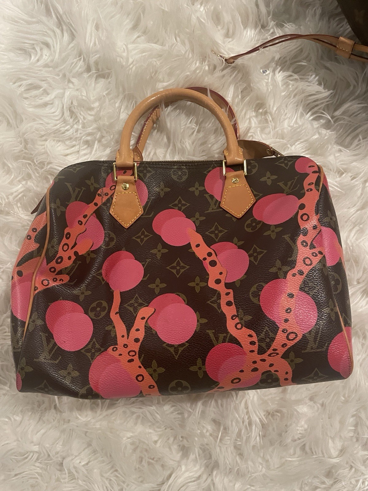 Louis Vuitton Monogram Brown Speedy Satchel Zip Top Pink Cherry Print Strap