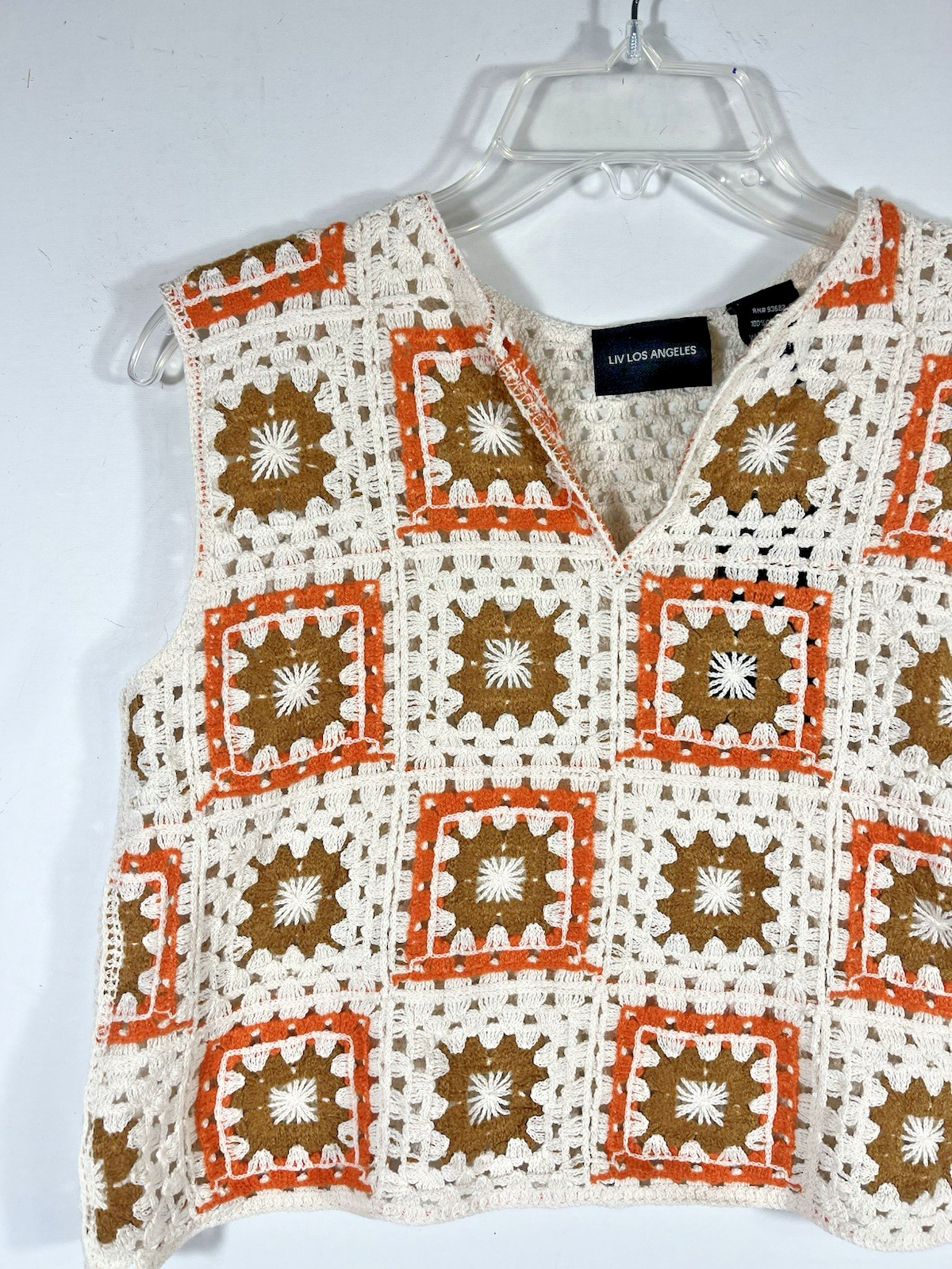 Liv Los Angeles Granny Square Crochet Afghan Crop Top Large Festival Boho NEW