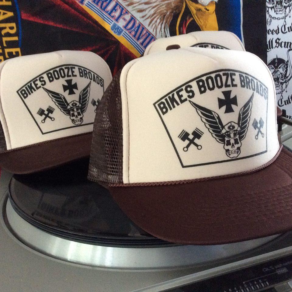 BIKES BOOZE BROADS biker chopper party run trucker hat ed roth rat fink